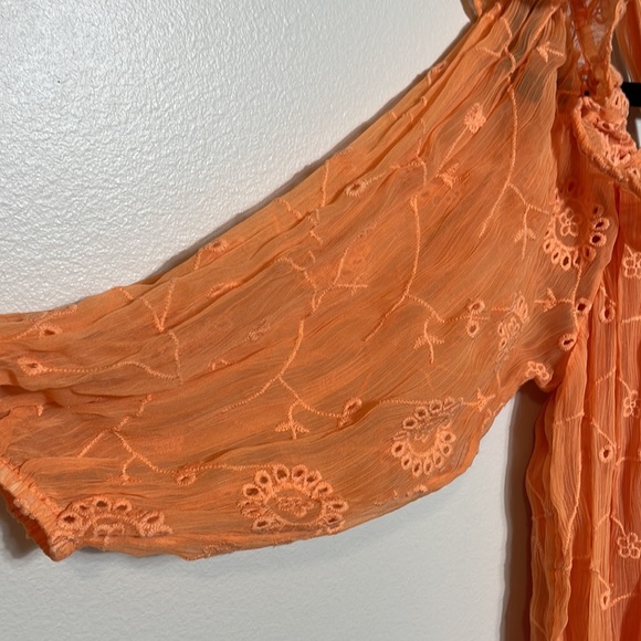 Anthropologie Floreat Tangerine Off Shoulder Semi Sheer Embroidered Blouse NWT - Picture 6 of 13